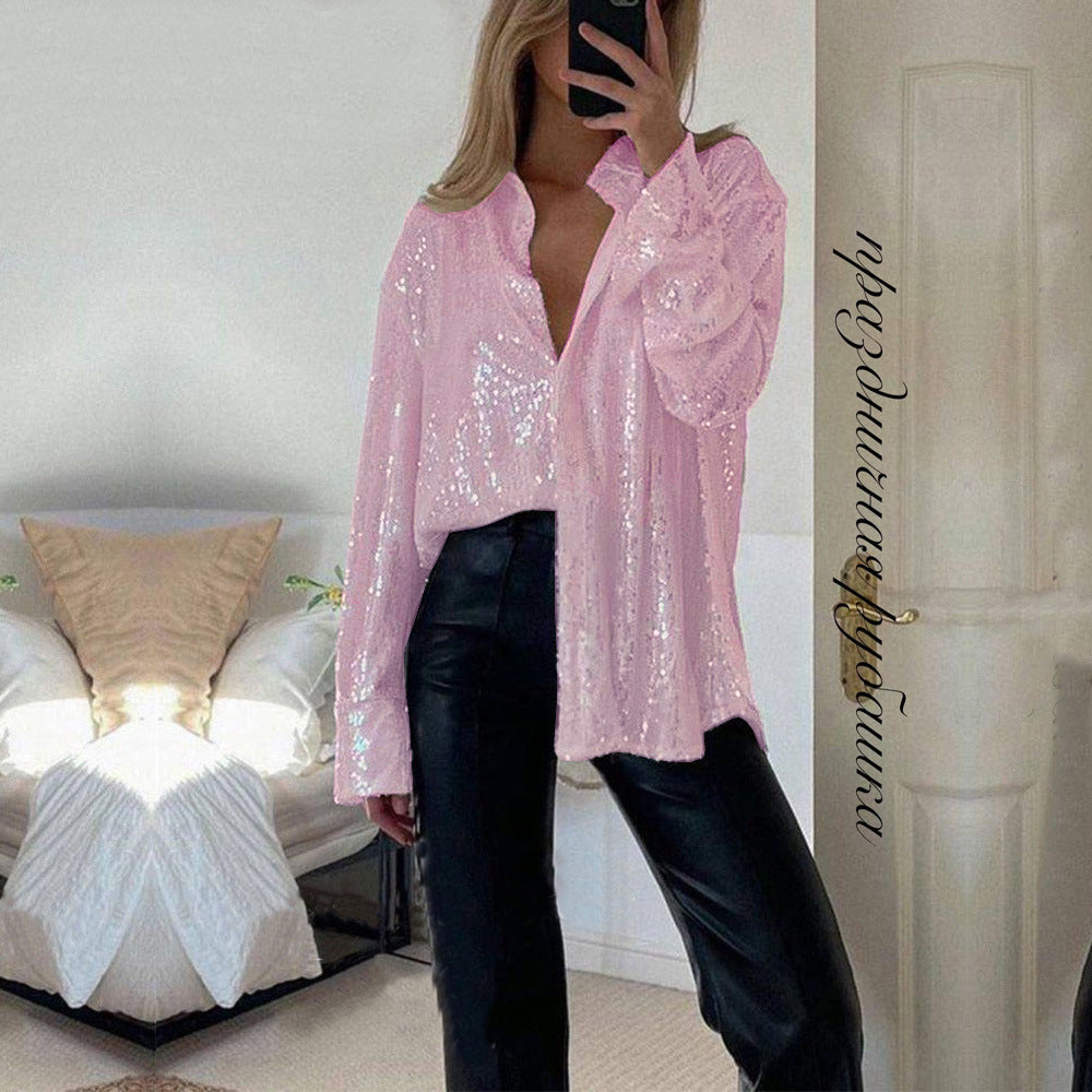 Women's Sequin Lapel Long Sleeve Sexy Shirt Blouses
