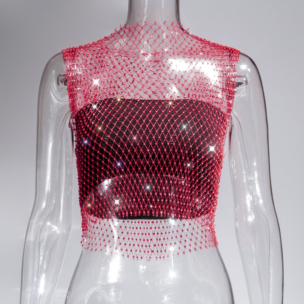 Women's Charming Summer Rhinestone Mesh T-shirt Tops