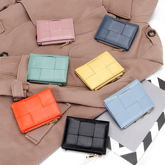 Women's Short Sheepskin Woven Fashion Folding Multifunctional Ladies Wallets