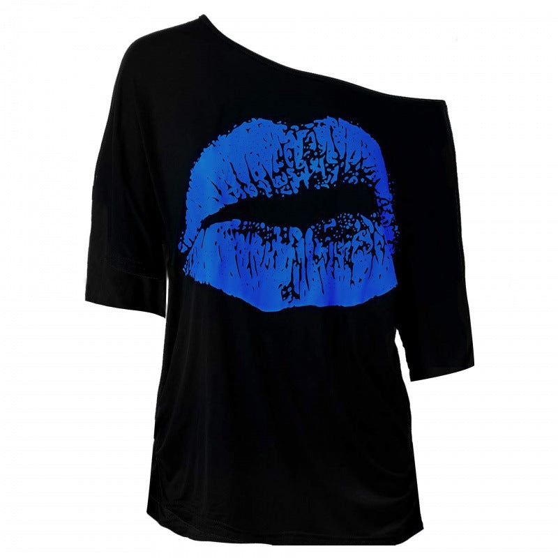 Women's Nostalgic Big Lip Printings Generation Shoulder Blouses