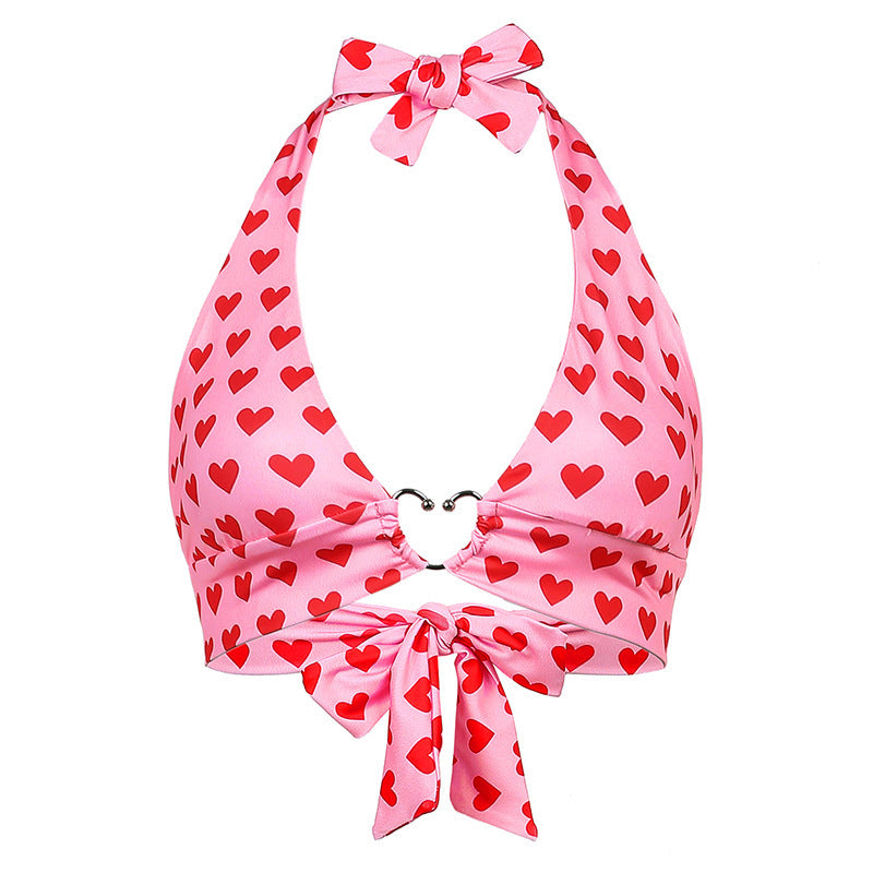 Sweet Loving Heart Printed Metal Buckle Halter Strap Outer Tops