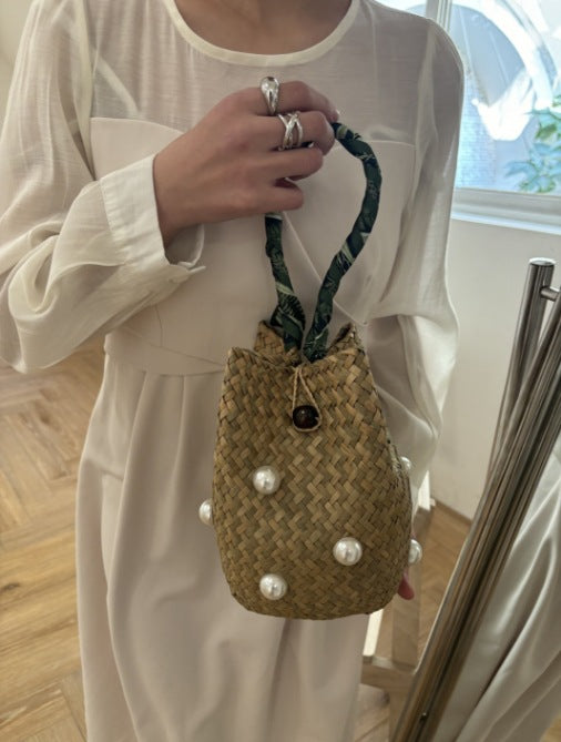 Women's Spring Straw Woven Milky White Pearl Matching Decorative Handbags