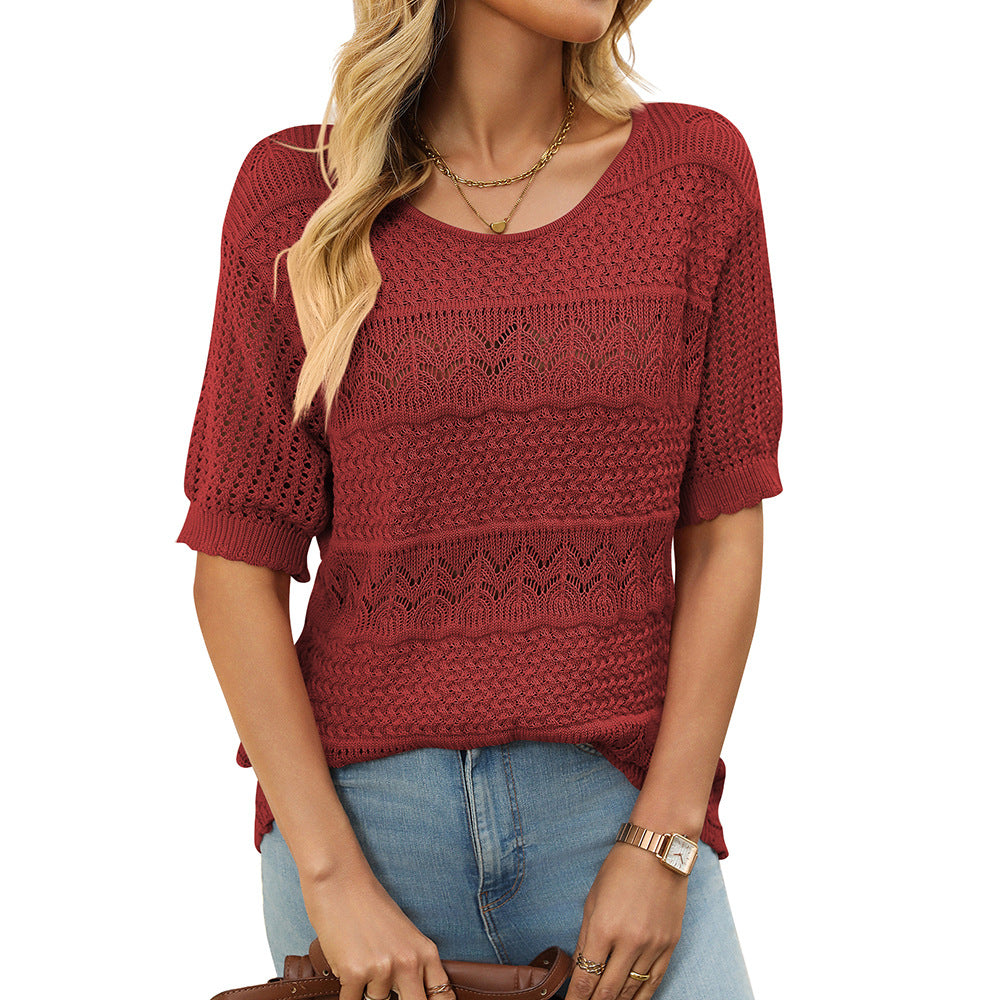 Women's Round Neck Sleeve Sexy Knitted Crocheted Sweaters