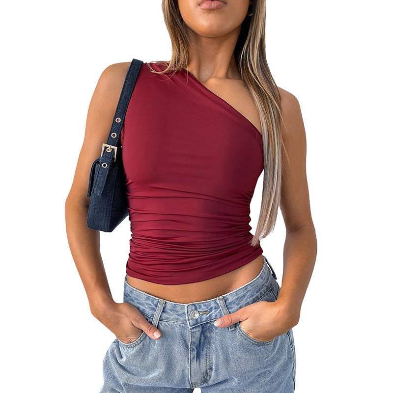 Women's Winter Solid Color Backless Pleated T-shirt Blouses