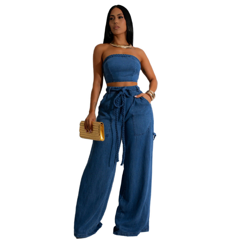 Women's Cool Denim Tube Braid Rope Wide Suits
