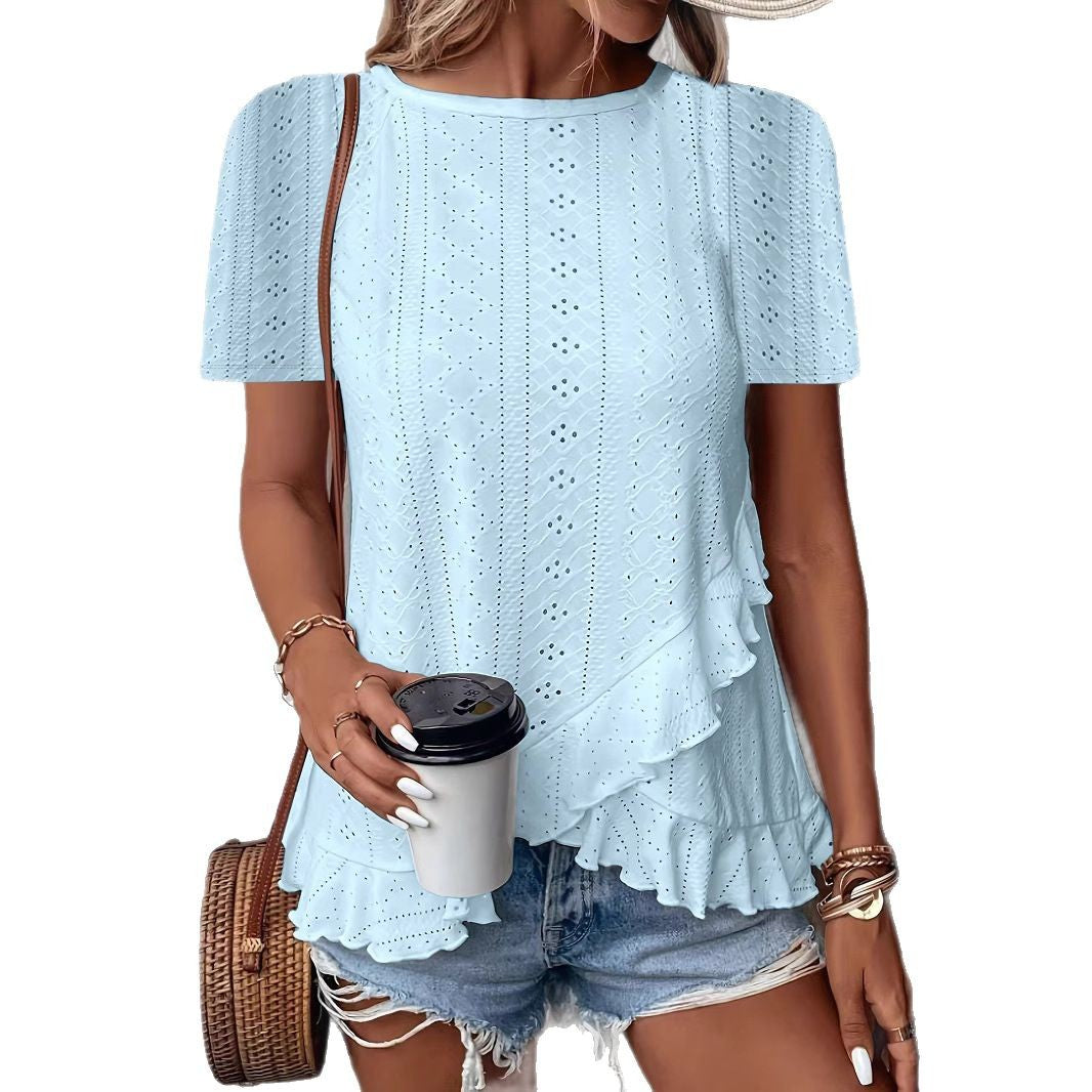 Women's Fashion Casual Solid Color Sleeve Round Blouses