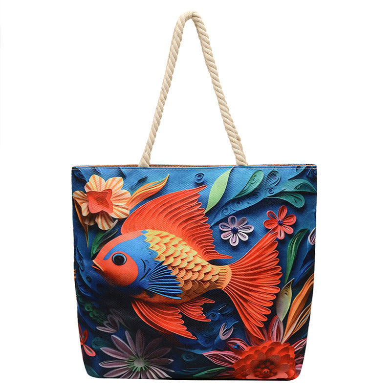 Double-sided Beach Imitation Linen Hot Printed Pattern Large Capacity Canvas Women's Shoulder Bag
