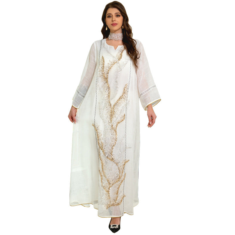 Mesh Sequin Embroider Muslim Dress Saudi Clothing