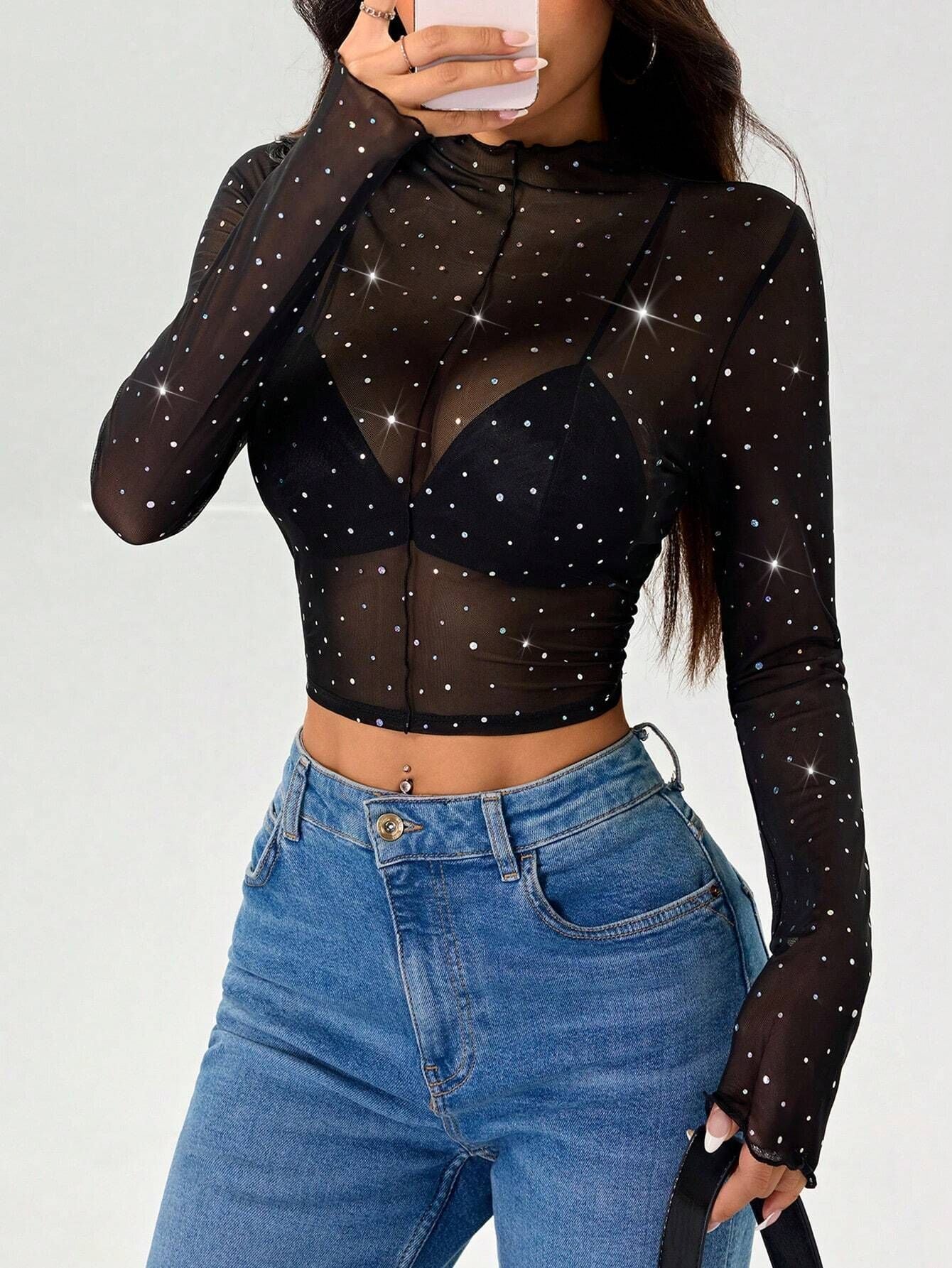 Women's Stand-up Collar Long-sleeved Mesh Transparent Sequined Blouses