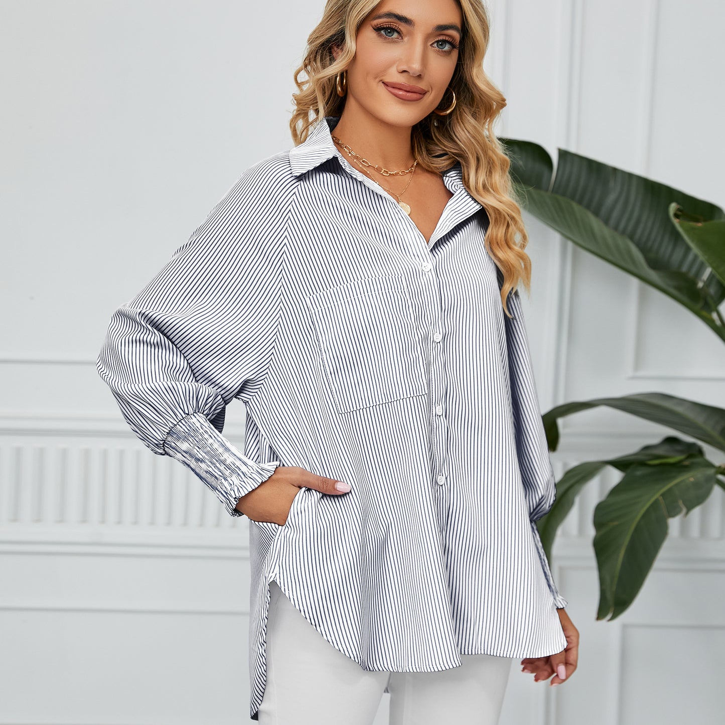 Women's Trade Cuff Pleating Loose Striped Shirt Blouses