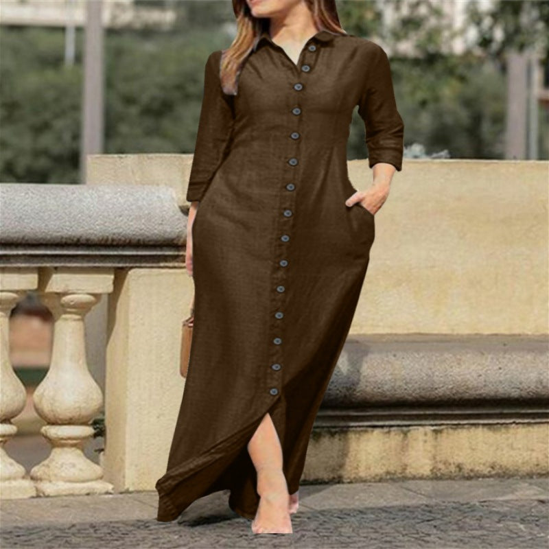 Women's Unisex Style Long Sleeve Lapel Solid Color Dresses