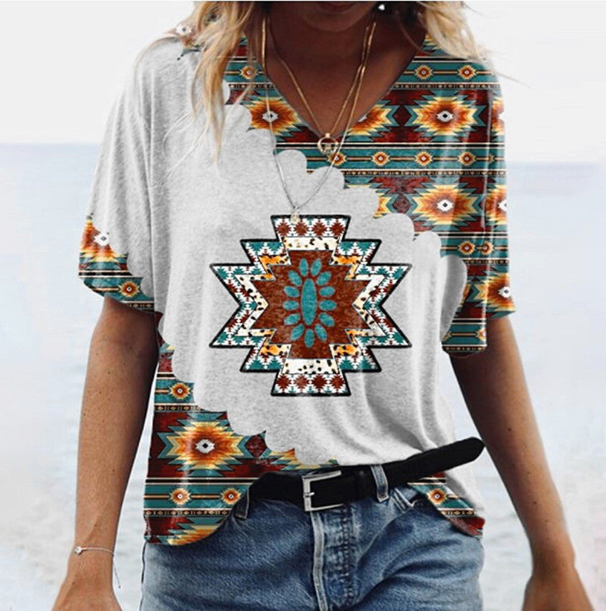 Women's Vintage Printing Family Geometric Pattern Sleeve Blouses