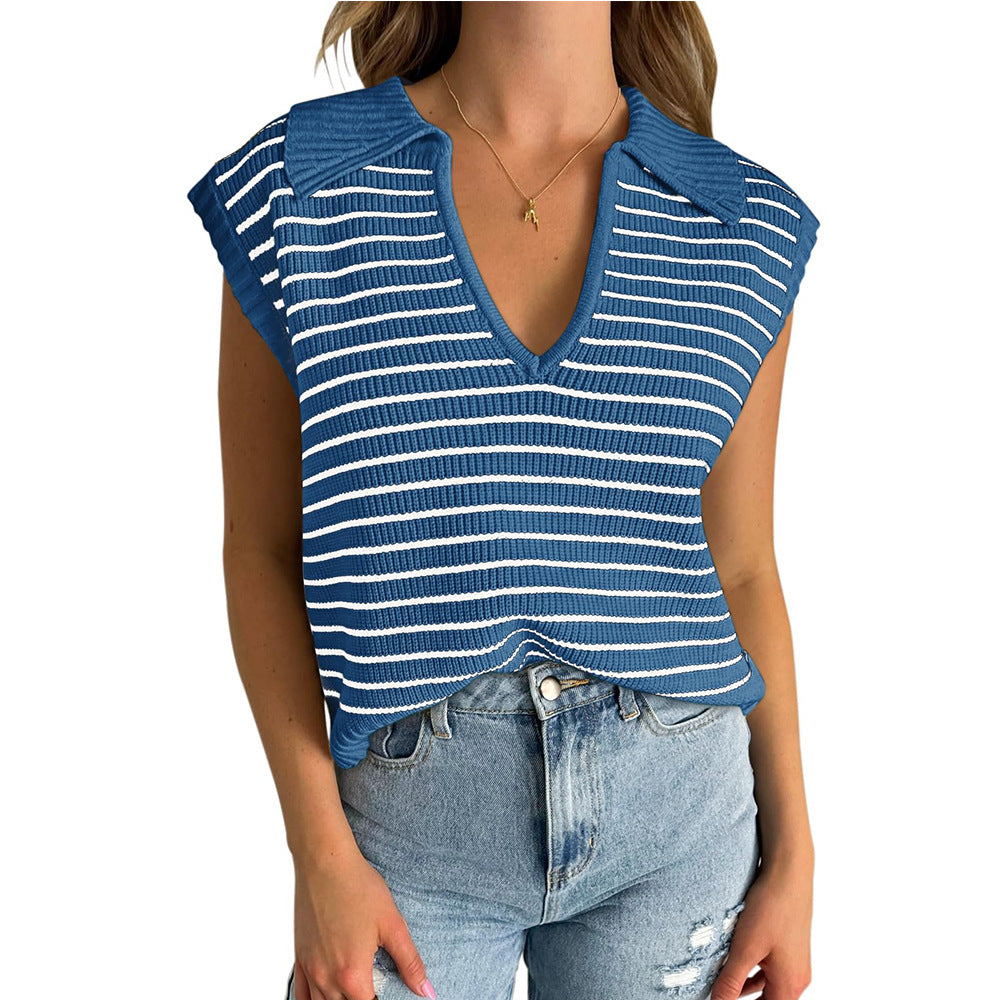 Women's Summer Knitted Casual Striped Lapel Sweaters