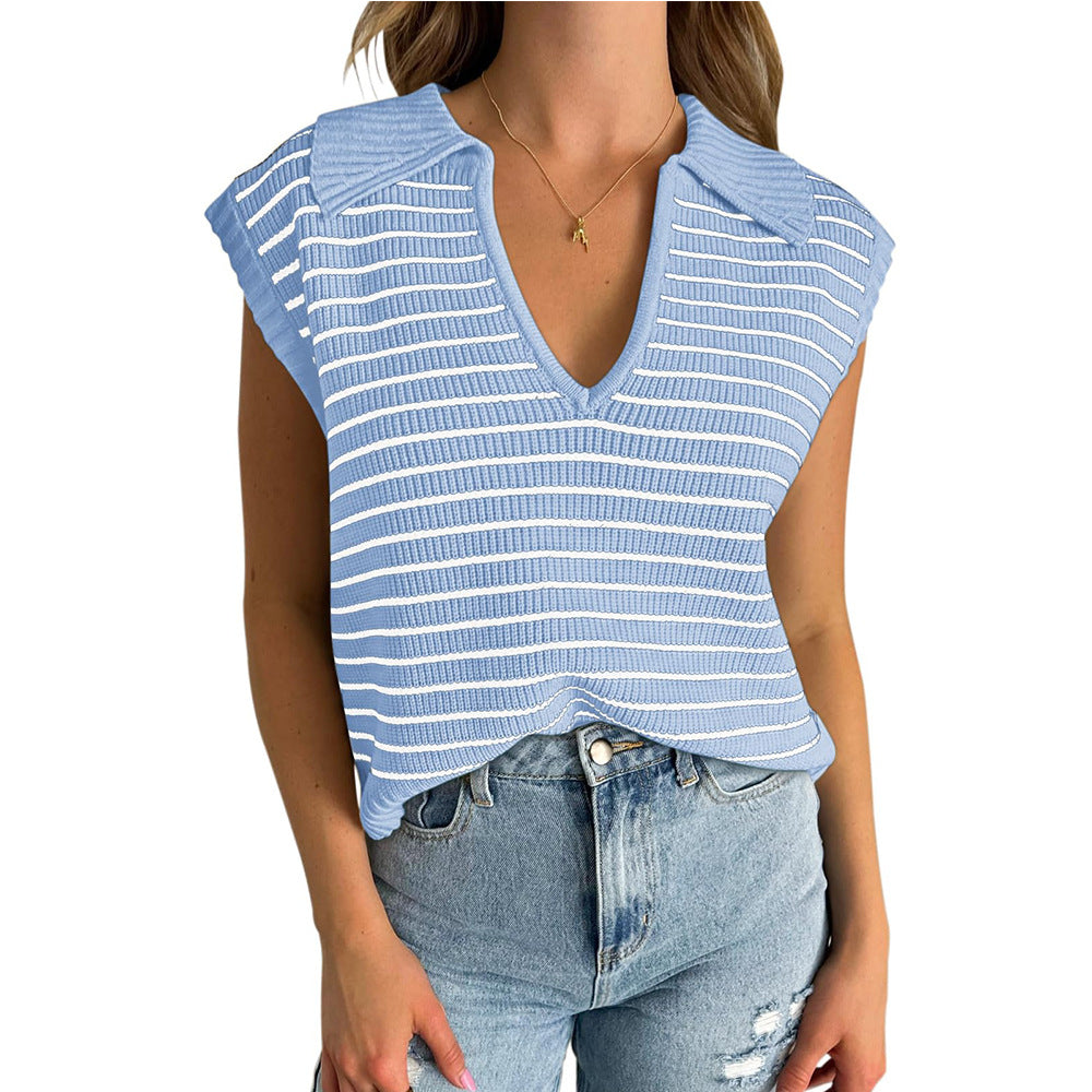 Women's Summer Knitted Casual Striped Lapel Sweaters