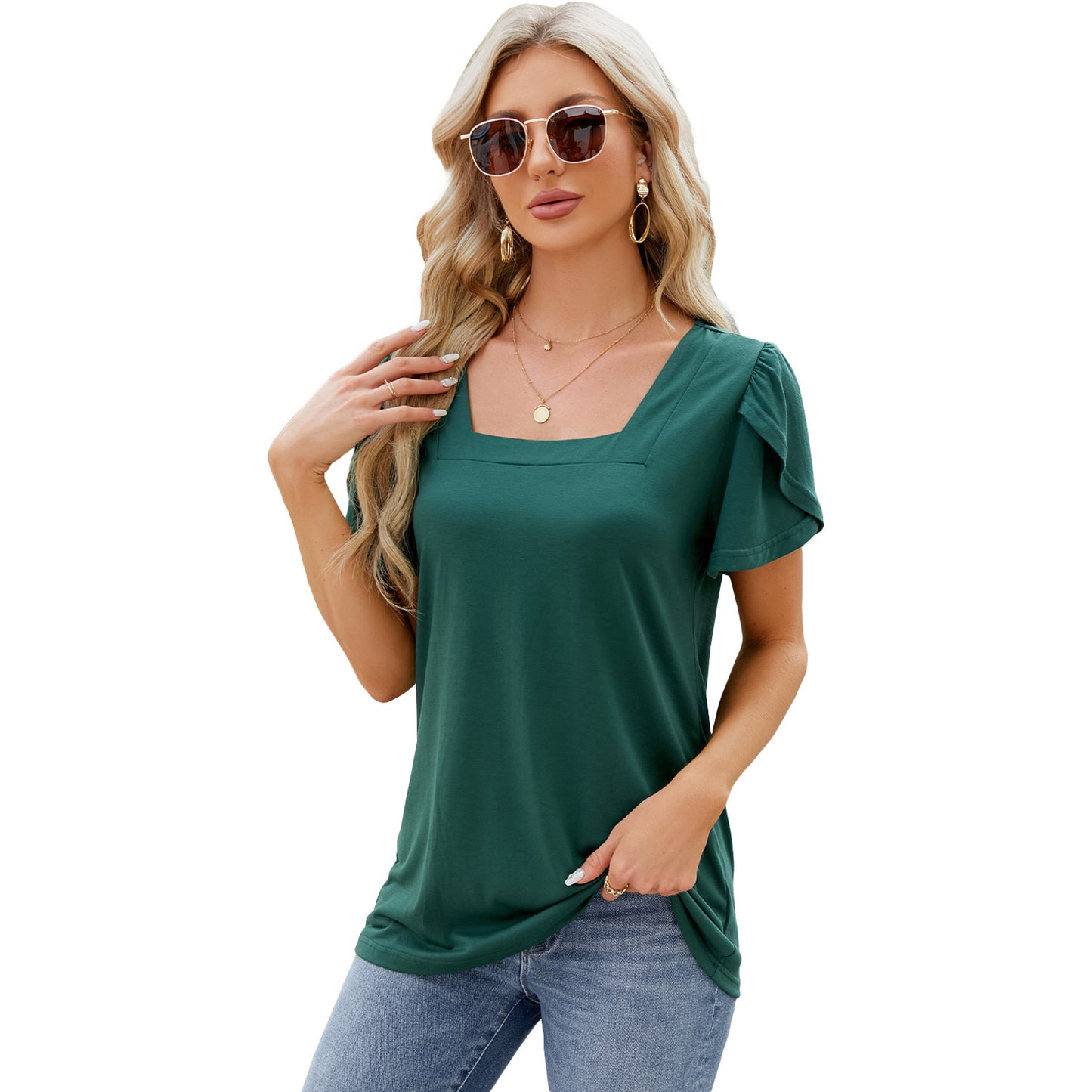 Fashion Simple Square Collar Petal Sleeve Blouses