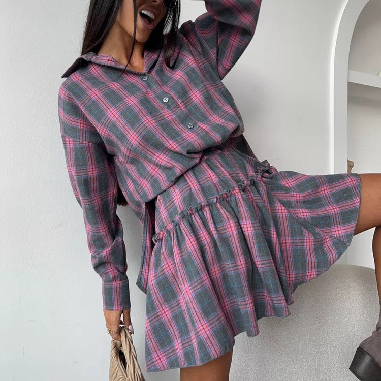 Women's Casual Check Lapel Loose Shirt Pleated Suits