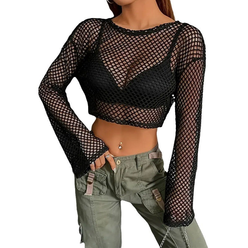 Women's Sports Leisure Mesh Shirt Transparent Fishnet Blouses