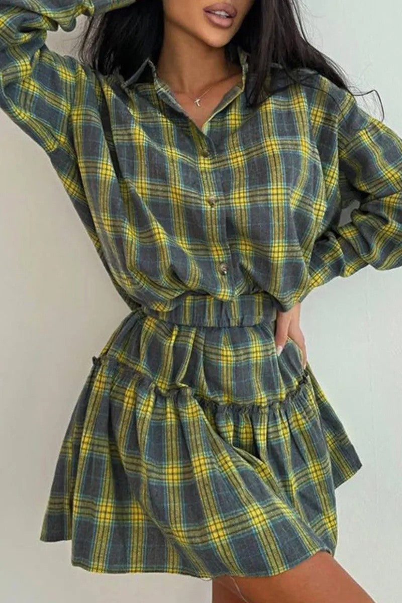 Women's Casual Check Lapel Loose Shirt Pleated Suits