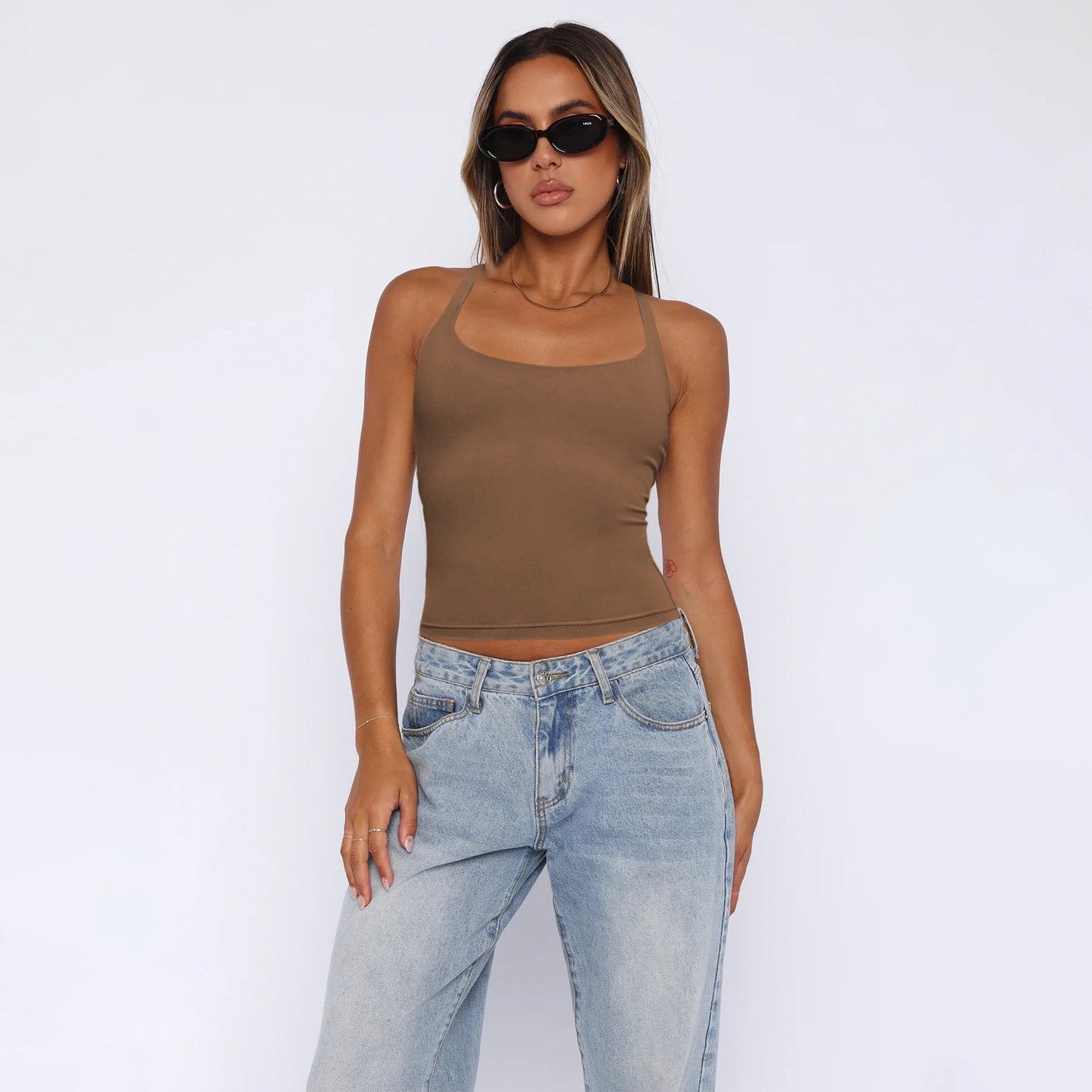 Fashion Sleeveless Solid Color Bare Back Tops