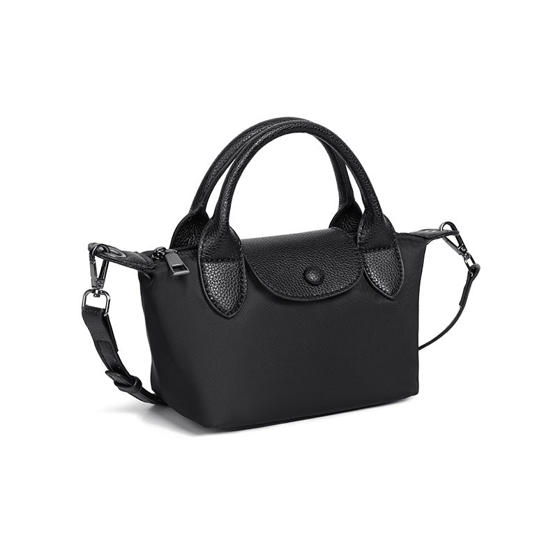 Women's Portable Dumpling Oxford Cloth Contrast Color Genuine Leather Bags