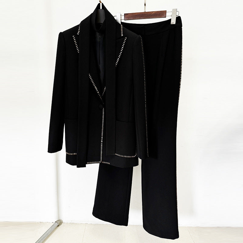 Fashion Scarf Rhinestone Loose Trousers Two-piece Suits