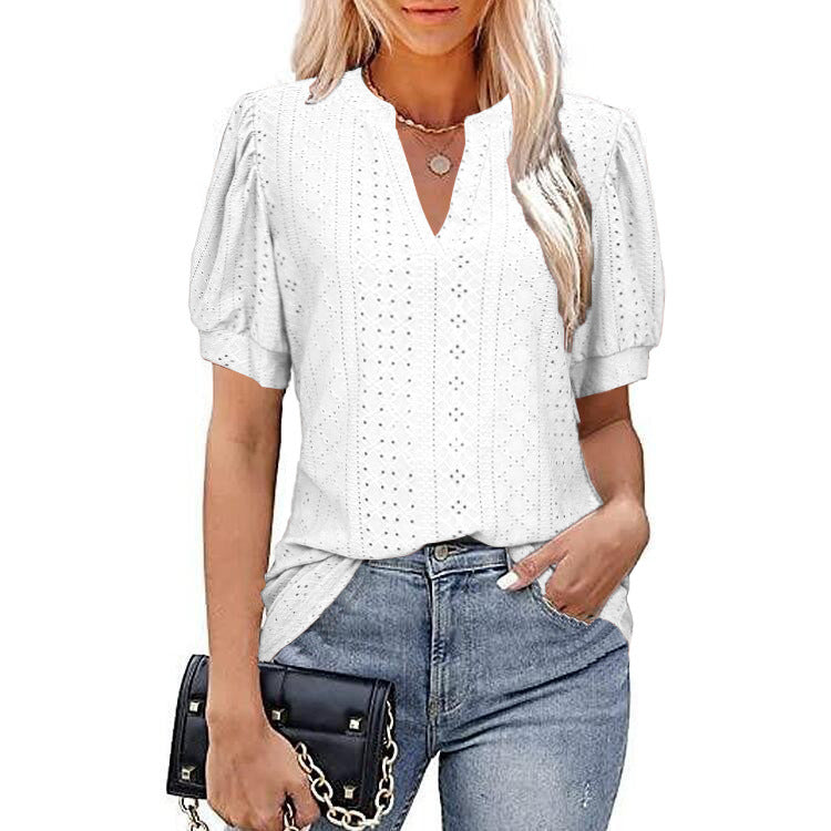 Casual Solid Color Hollow Puff Sleeve Blouses