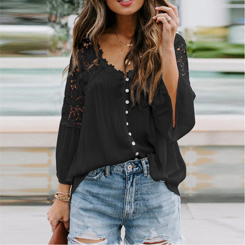 Women's Lace Shirt Solid Color V Sexy Blouses