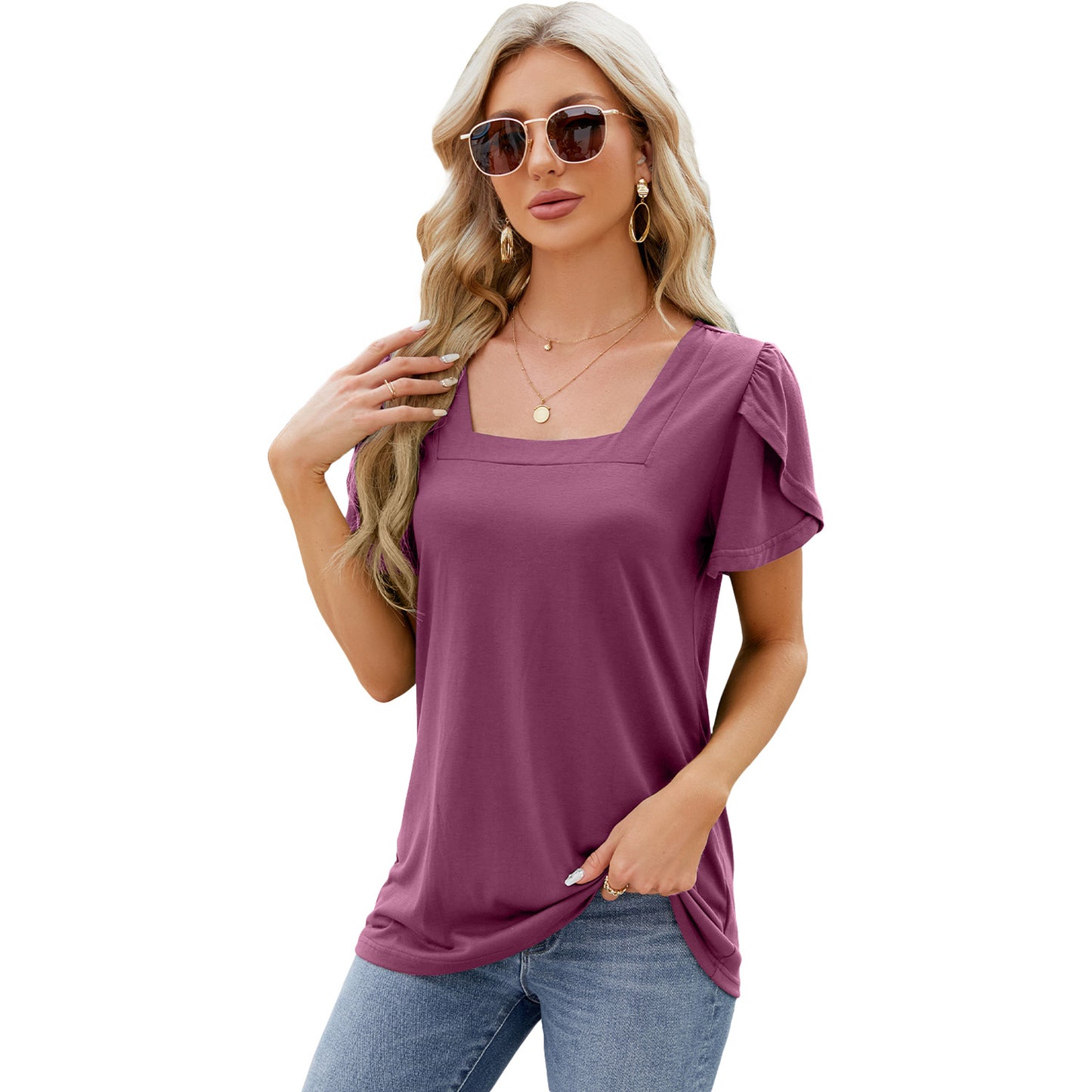 Fashion Simple Square Collar Petal Sleeve Blouses