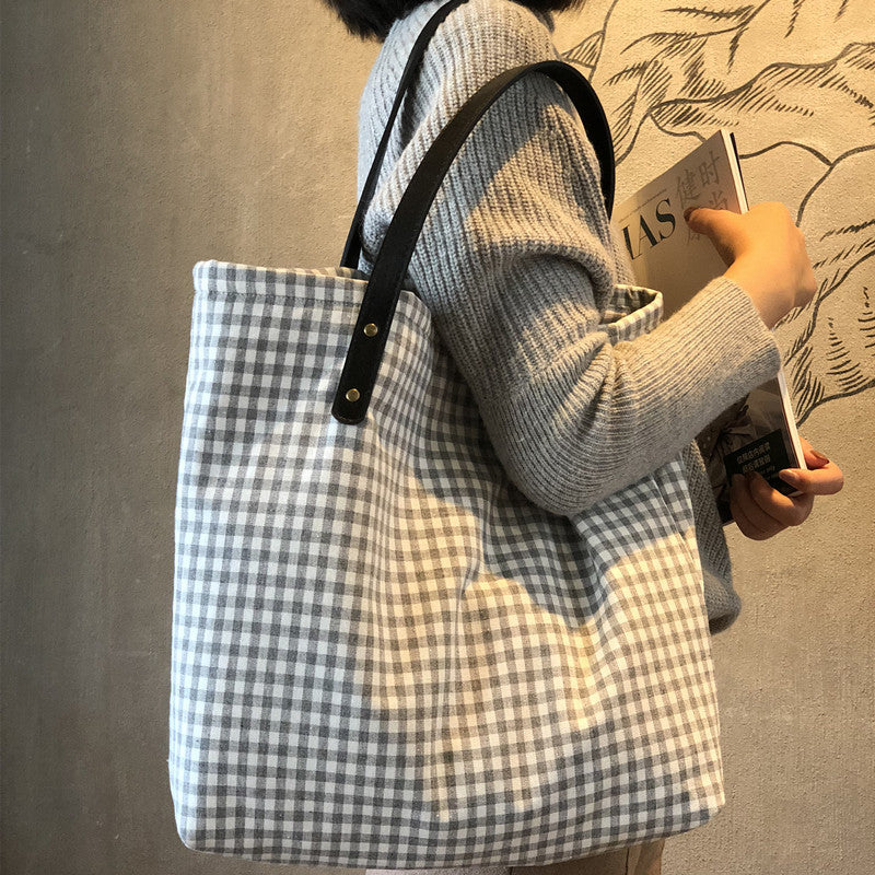 Cloth Handmade Brown Navy Blue Plaid Shoulder Bags