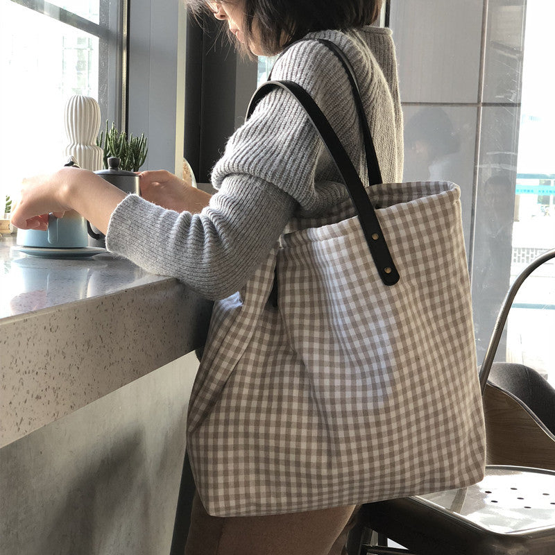 Cloth Handmade Brown Navy Blue Plaid Shoulder Bags