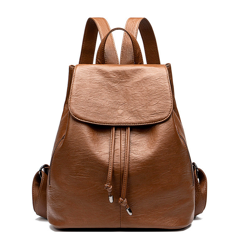 Women's Drawstring Fashion Cowhide Soft Leather Contrast Backpacks