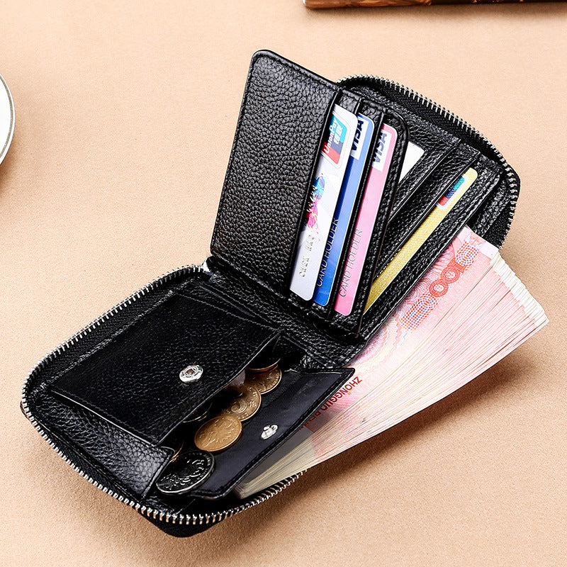 Men's Short Leather Zipper Driving License Cowhide Men's Wallet