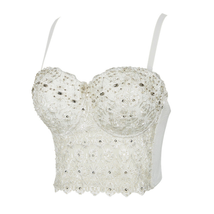 Spaghetti Strap Bra One-piece Embroidery Light Diamond Vests