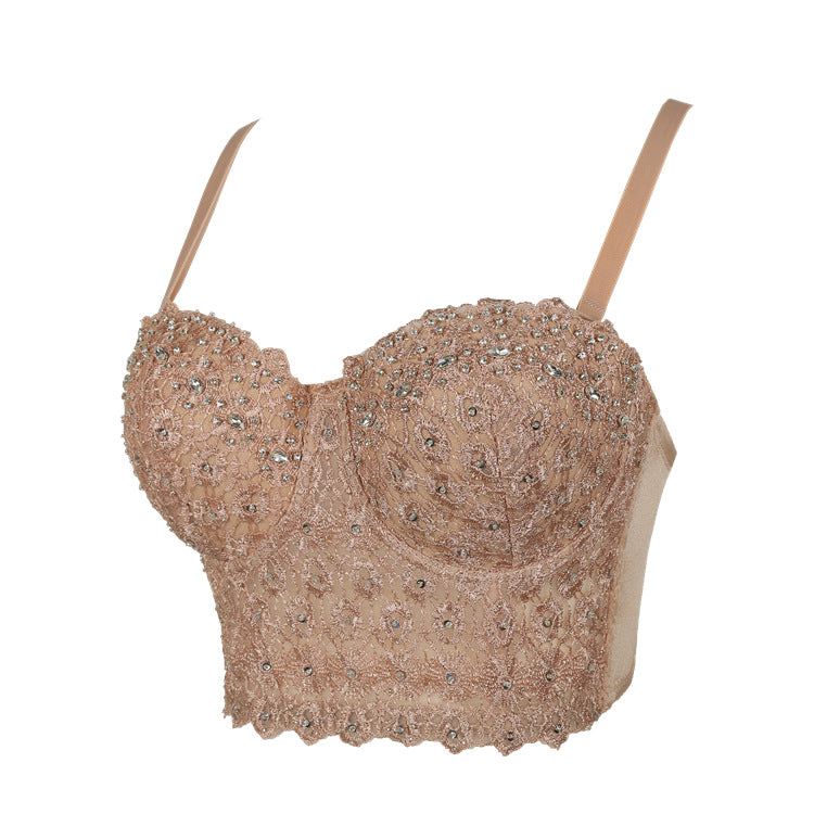 Spaghetti Strap Bra One-piece Embroidery Light Diamond Vests