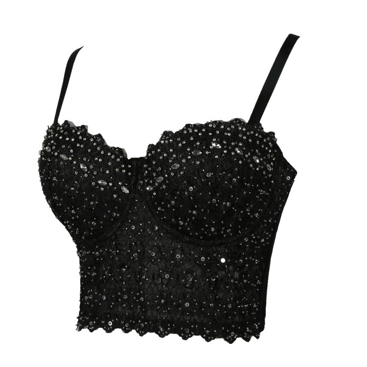 Spaghetti Strap Bra One-piece Embroidery Light Diamond Vests