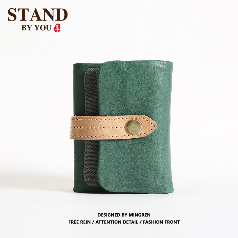 Men's Genuine Leather Trifold First Layer Cowhide Green Buckle