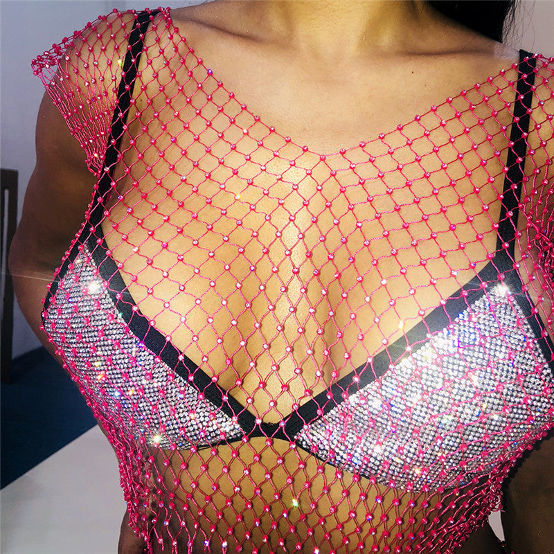 Women's Charming Summer Rhinestone Mesh T-shirt Tops