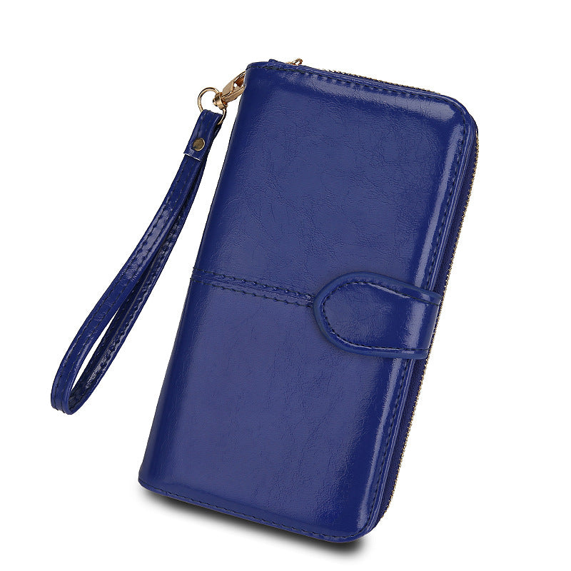 Women's Zipper Oil Wax Leather Mobile Clutch Ladies Wallet
