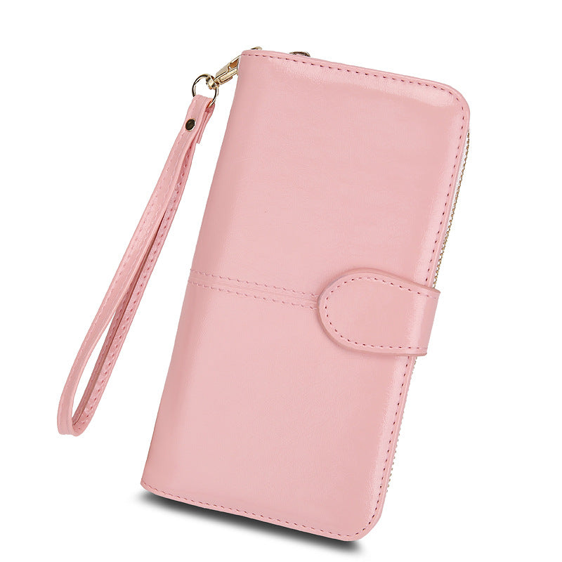 Women's Zipper Oil Wax Leather Mobile Clutch Ladies Wallet