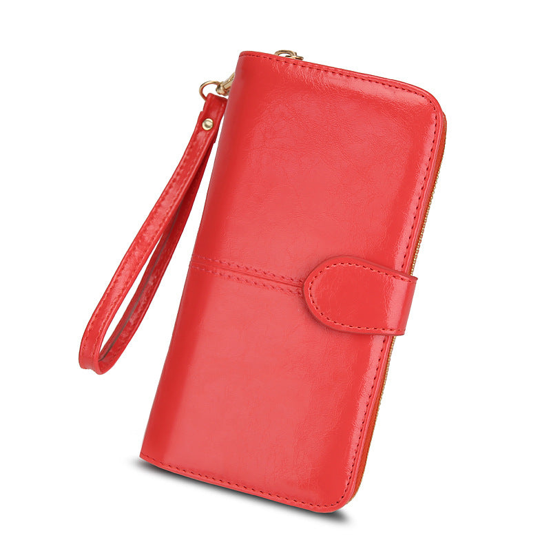 Women's Zipper Oil Wax Leather Mobile Clutch Ladies Wallet