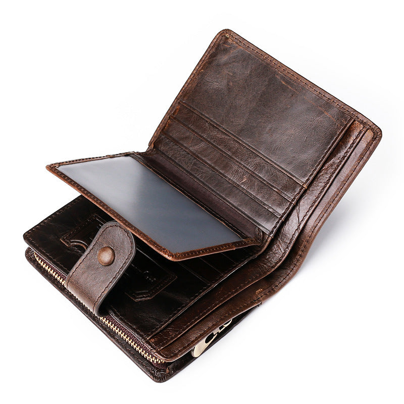 Men's Oil Wax Leather Short Cowhide Zipper Men's Wallets