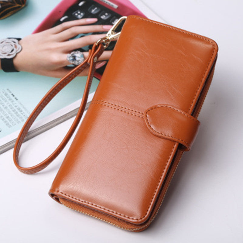 Women's Zipper Oil Wax Leather Mobile Clutch Ladies Wallet