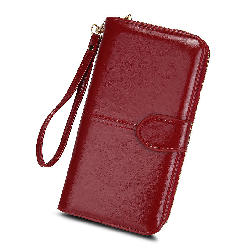 Women's Zipper Oil Wax Leather Mobile Clutch Ladies Wallet