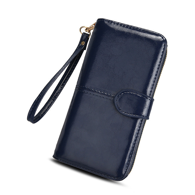 Women's Zipper Oil Wax Leather Mobile Clutch Ladies Wallet