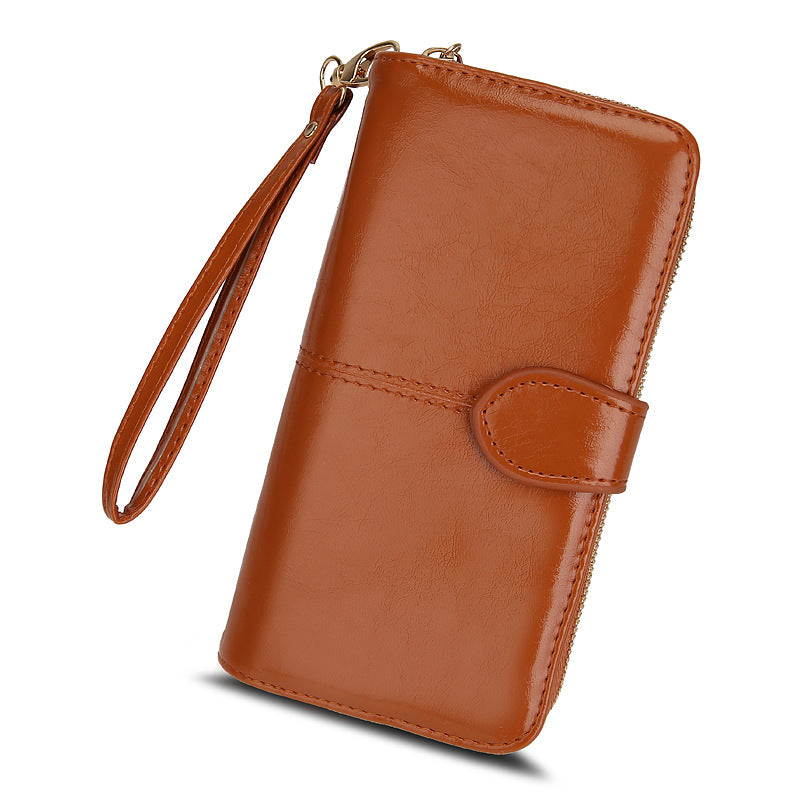 Women's Zipper Oil Wax Leather Mobile Clutch Ladies Wallet