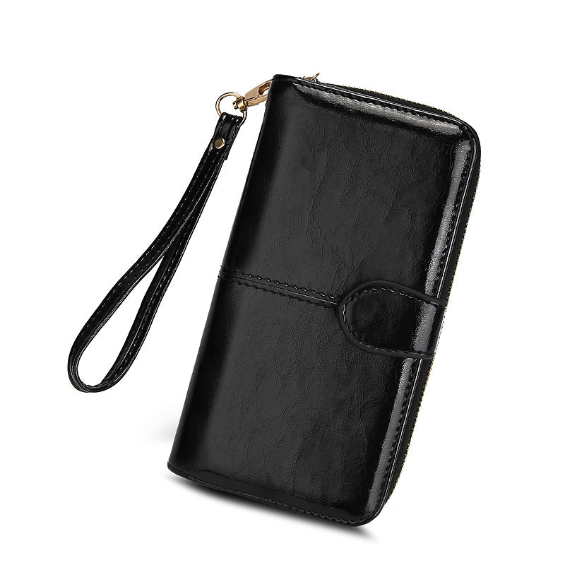 Women's Zipper Oil Wax Leather Mobile Clutch Ladies Wallet