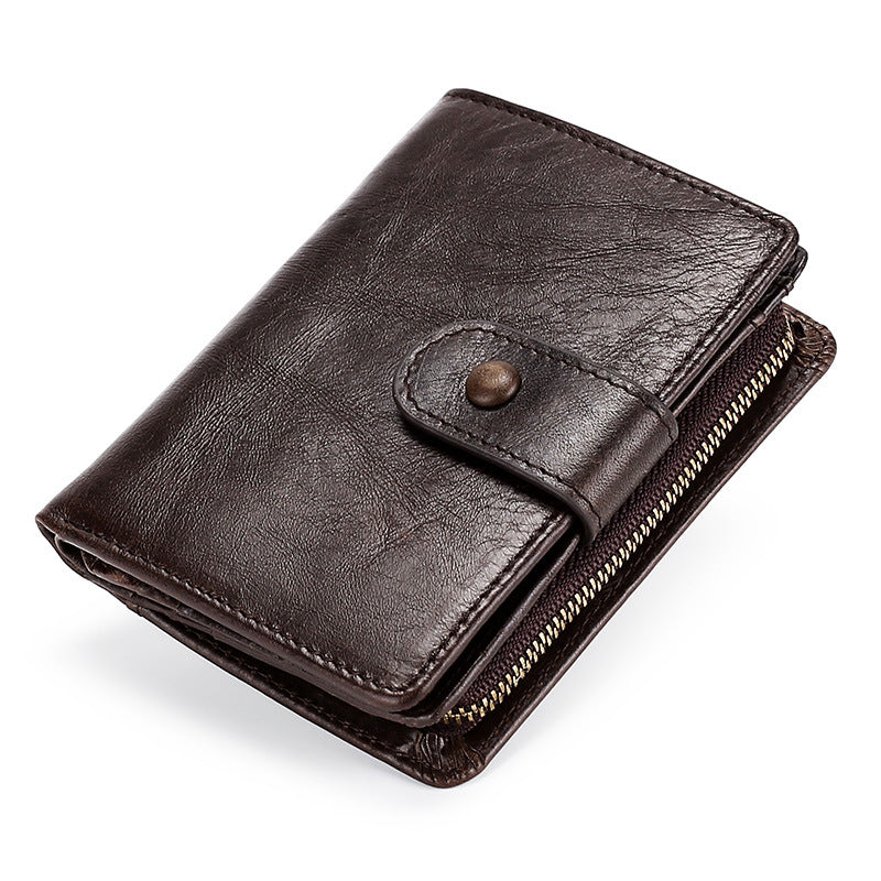 Men's Oil Wax Leather Short Cowhide Zipper Men's Wallets