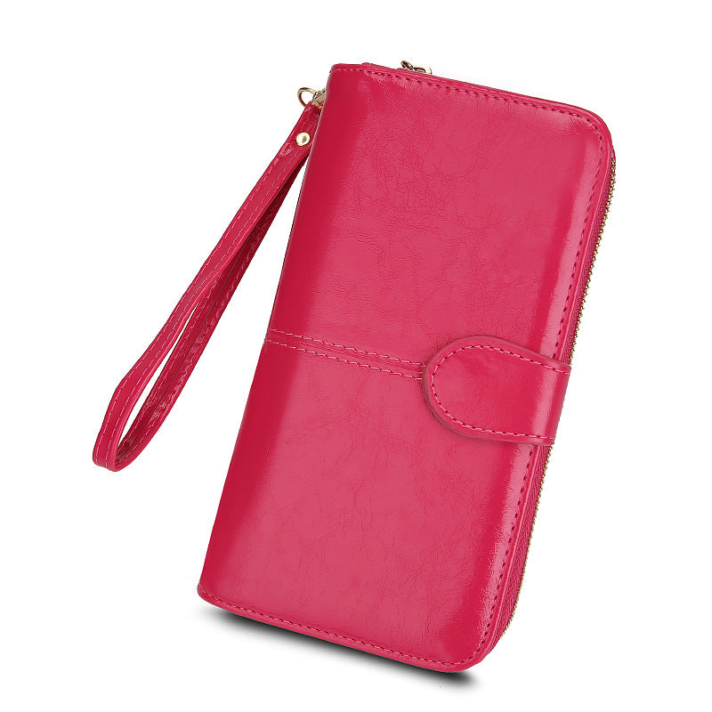 Women's Zipper Oil Wax Leather Mobile Clutch Ladies Wallet
