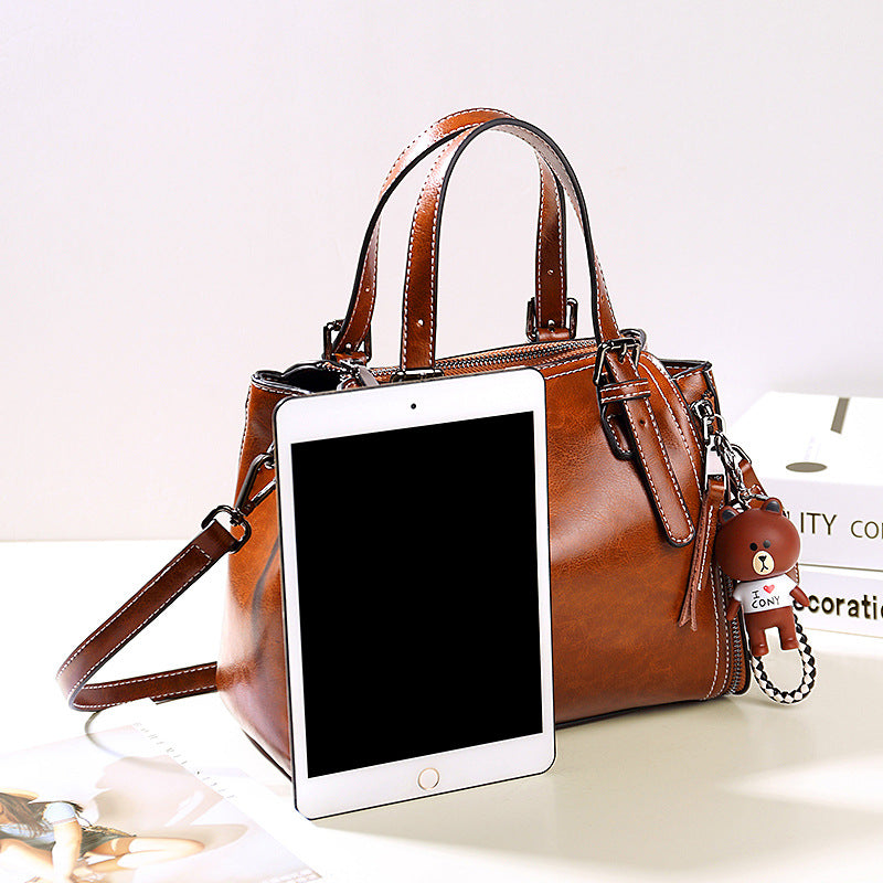 Women's Fashionable Korean Portable Oil Wax Leather Handbags