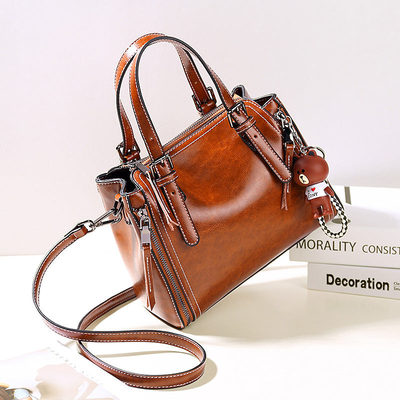 Women's Fashionable Korean Portable Oil Wax Leather Handbags